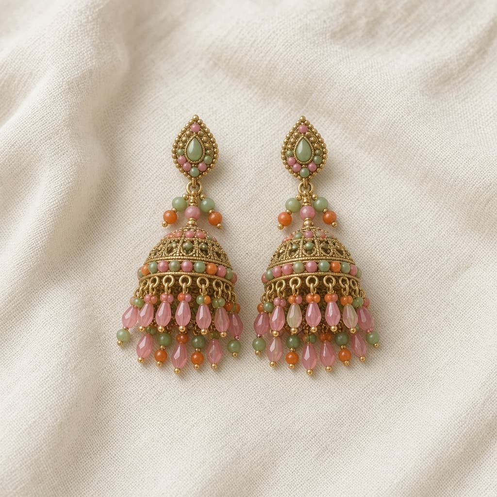Beaded jhumka earrings in mehndi colours — ZAYUNE