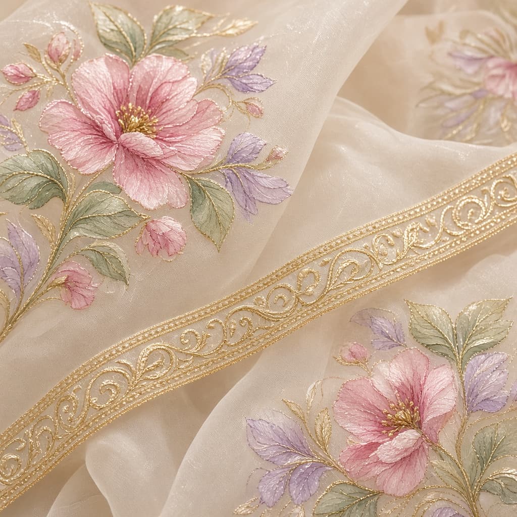 Hand-painted floral and border detail on organza