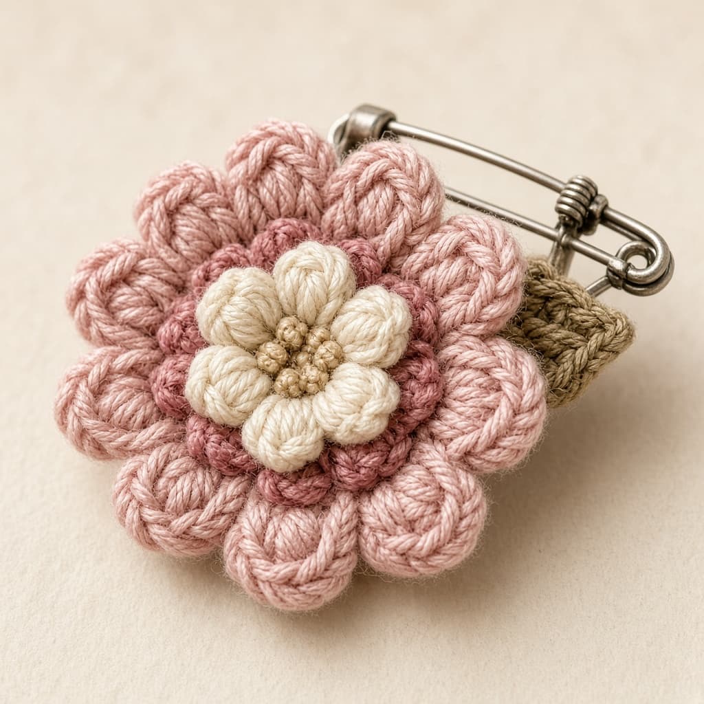 Crochet shawl pin petal and pin-back detail