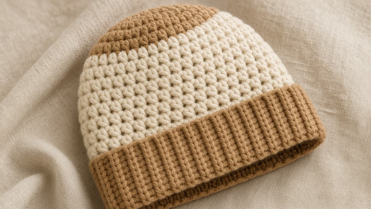 Crochet beanie stitch and brim detail — matching studio shot