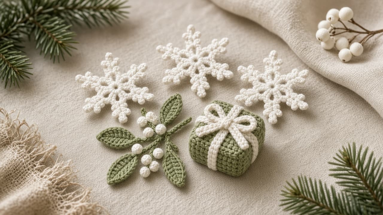 Mini handmade crochet ornaments and gift toppers set