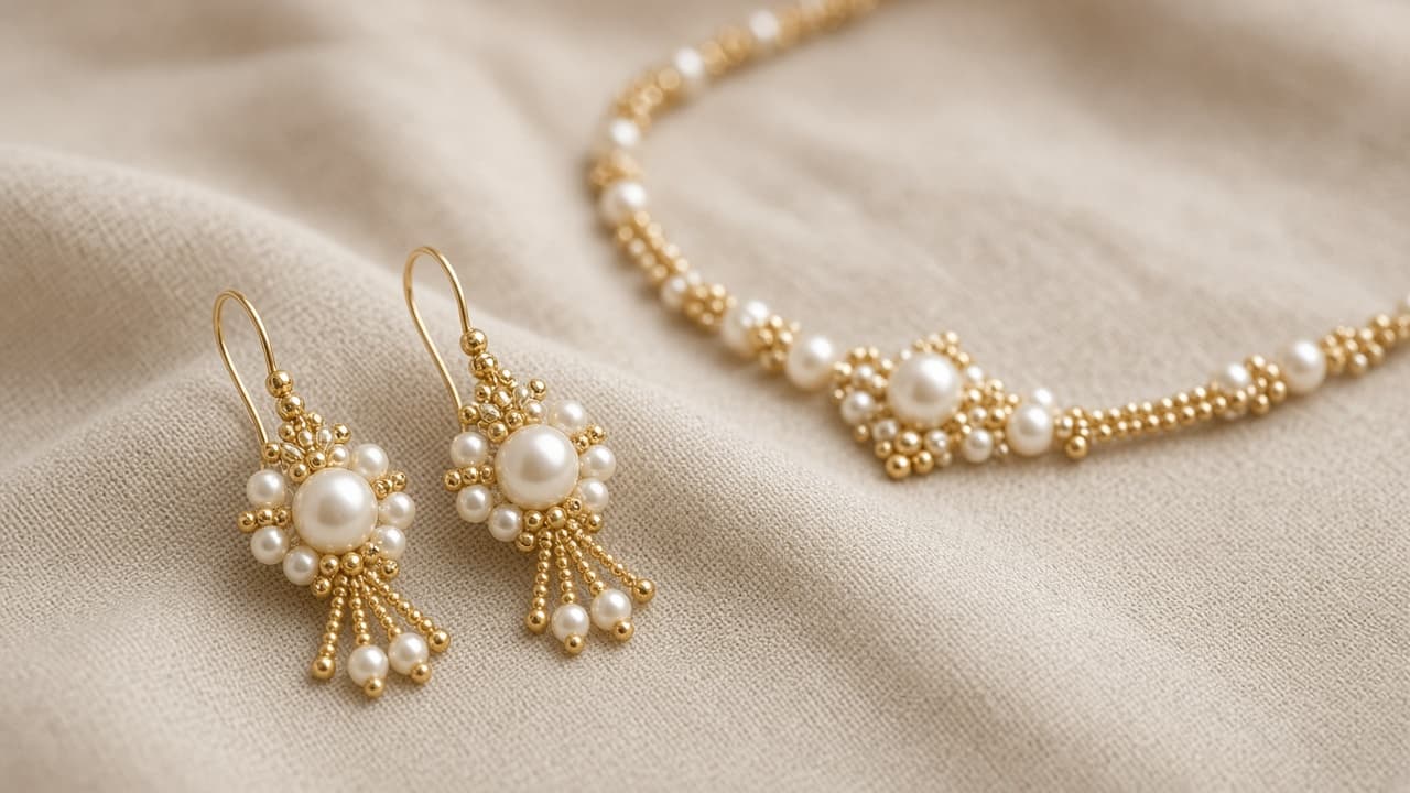Pearl earrings and necklace detail — matching studio shot