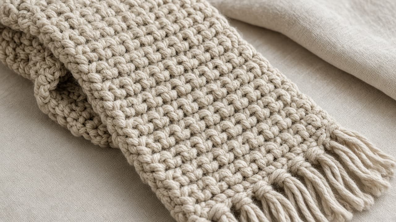 Chunky scarf stitch detail — matching studio shot