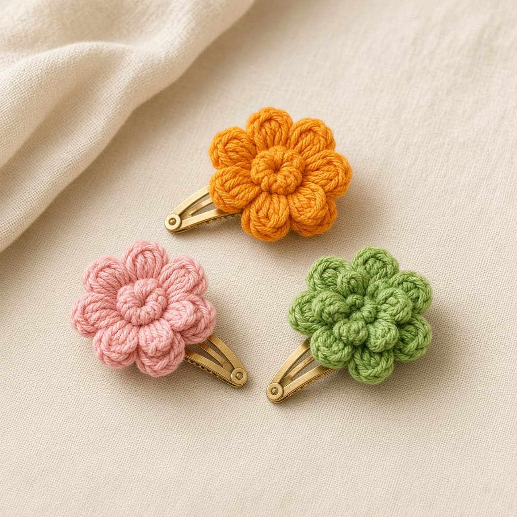 Set of three crochet flower hair clips — mehndi colours