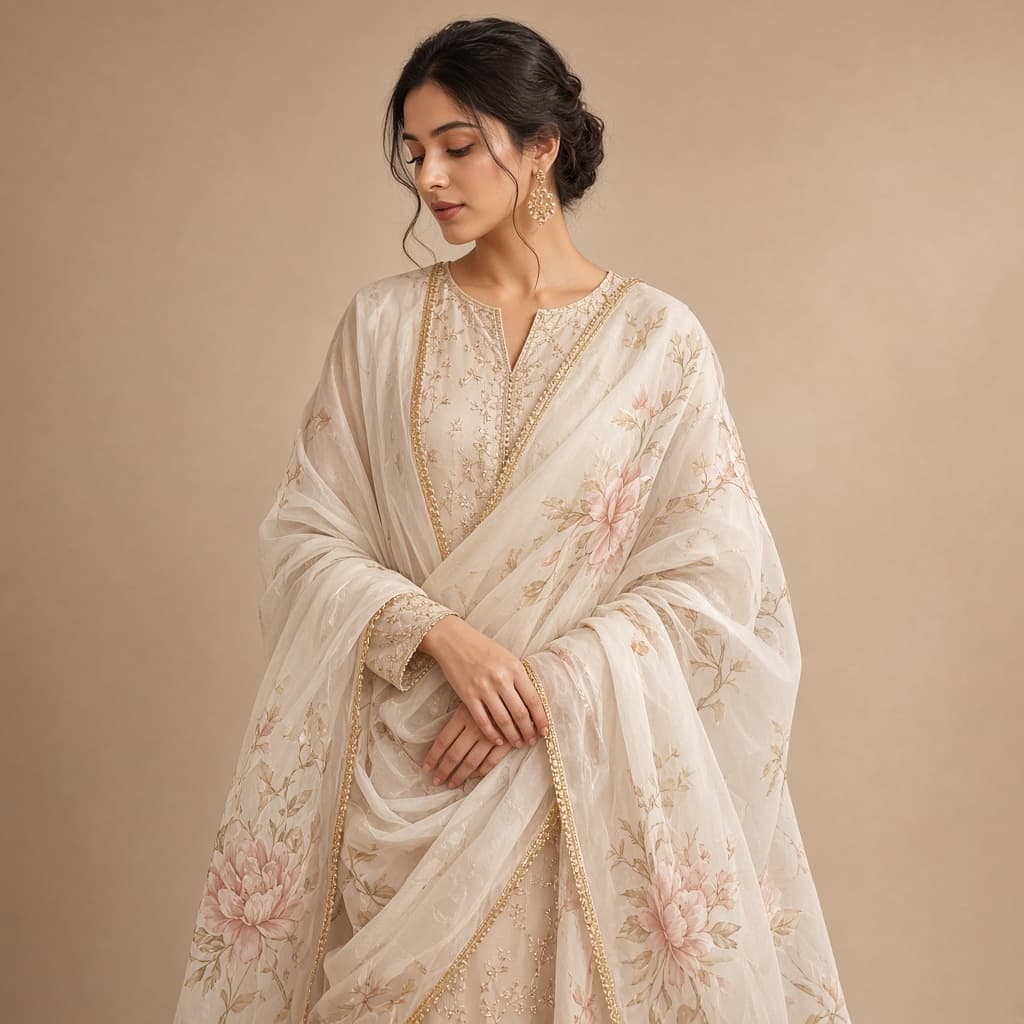 Hand-painted floral organza dupatta with golden border